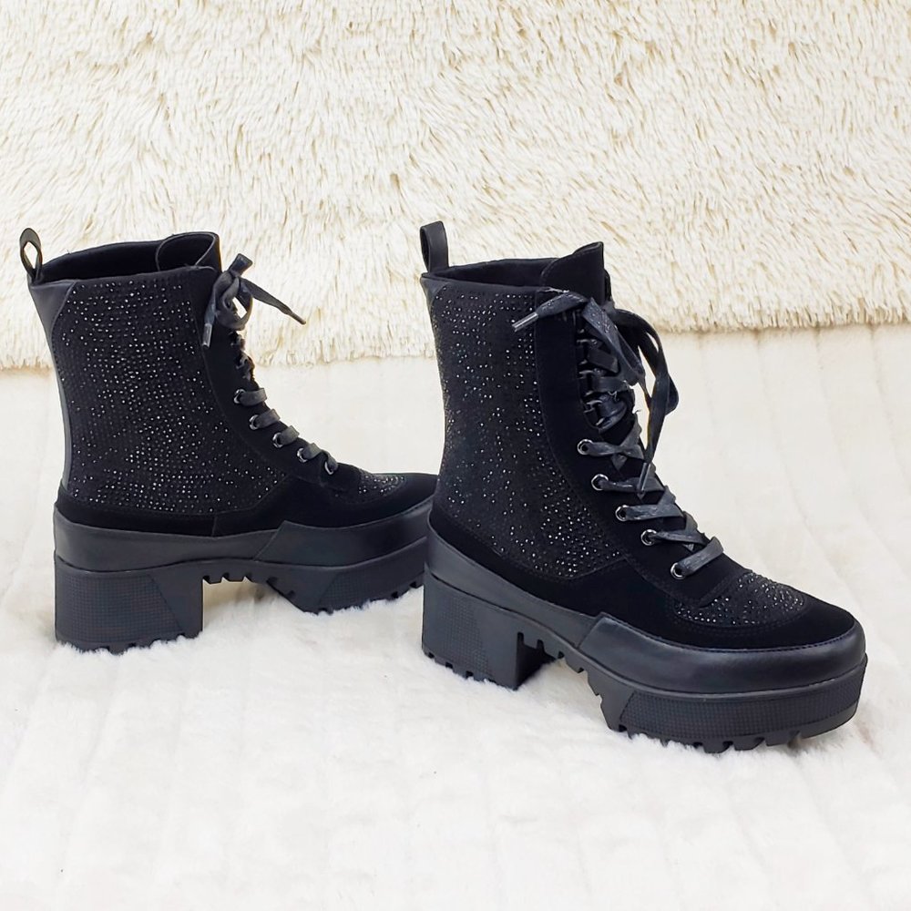 Diva Shine Black Rhinestone Platform Combat Ankle Boots - Picture 6 of 12